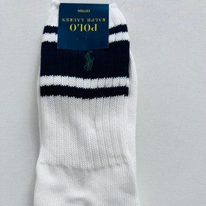 Polo Ralph Lauren Green Pony Striped Socks Rib White  / Navy